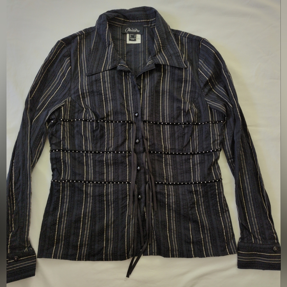 Vintage Y2K Large Button Up Collared Shirt Striped Long Sleeve
